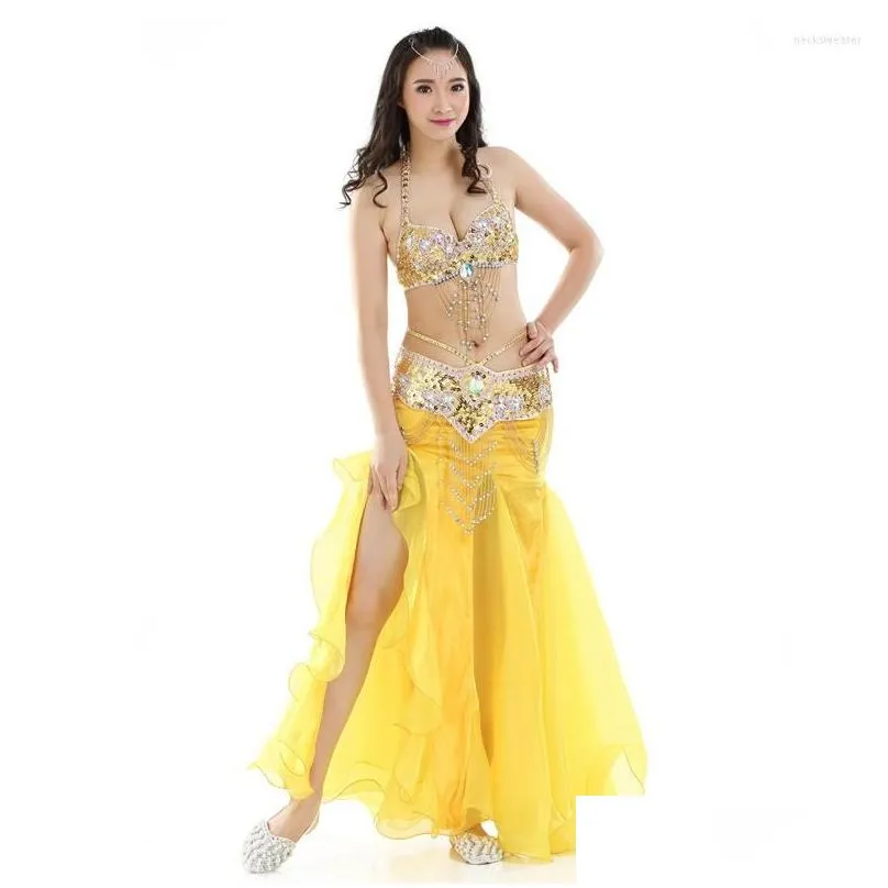 stage wear women sexy belly dance top beaded belt skirt 3 pieces costume outfit set bra female bollywood clothe