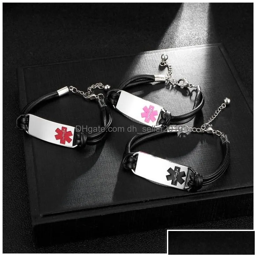 Charm Bracelets New Luxury Designer Stainless Steel Womens Medical Id Chain Leather Bracelet Christmas Wristband Jewelry Gi Dhkhv