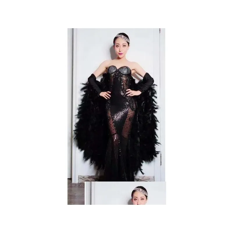 stage wear black sparkly crystals see through mesh long trains feather dress birthday celebrate stones fringes costume dance outfit
