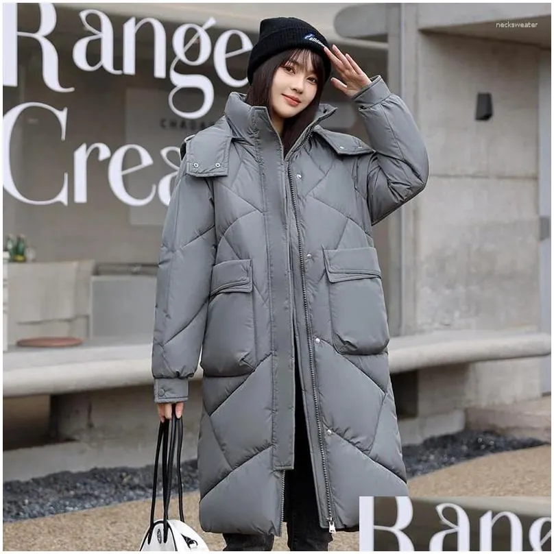 womens trench coats solid color big pocket hooded jackets casual medium long parka autumn winter rhombic lattice loose coat