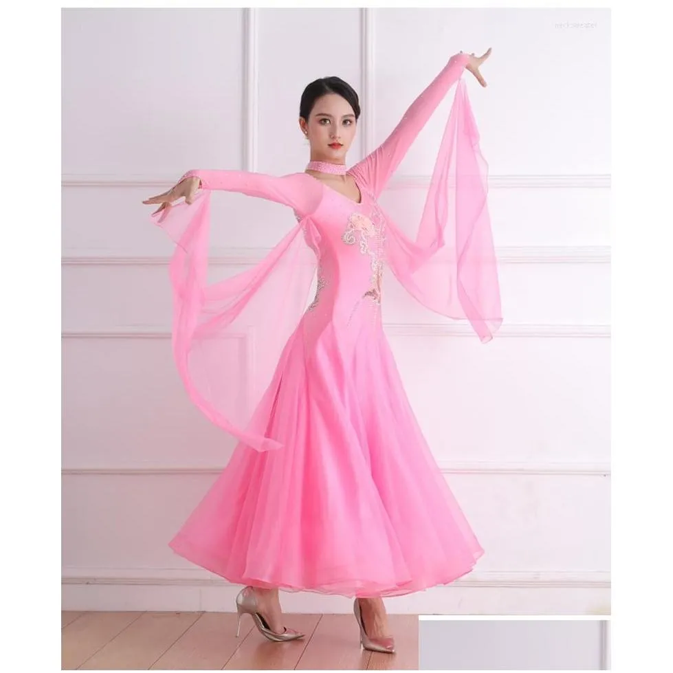 stage wear pink ballroom competition dance dresses adult high quality waltz skirt ladys standard dancing dress