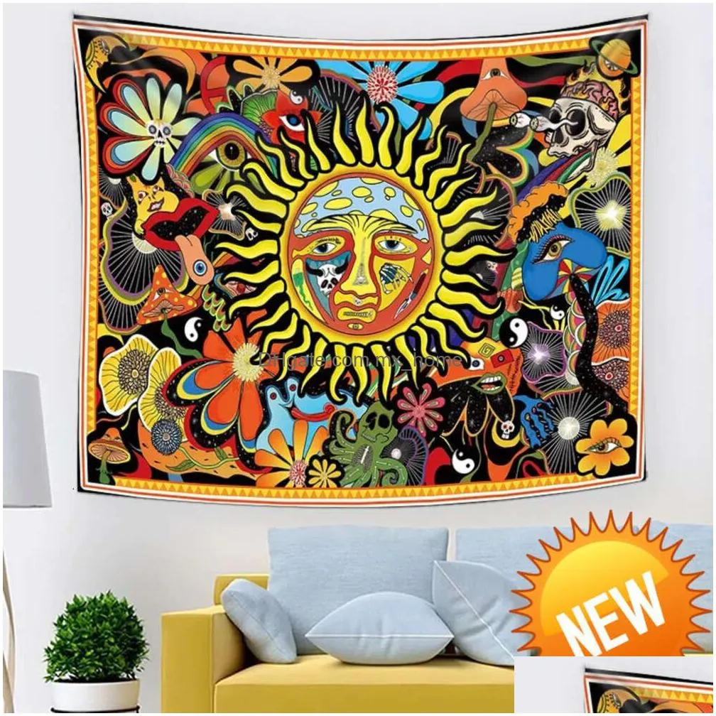 psychedelic tarot trippy sublime sun tapestry wall hanging hippie tapestries mushroom tapestry aesthetic room home decorhome