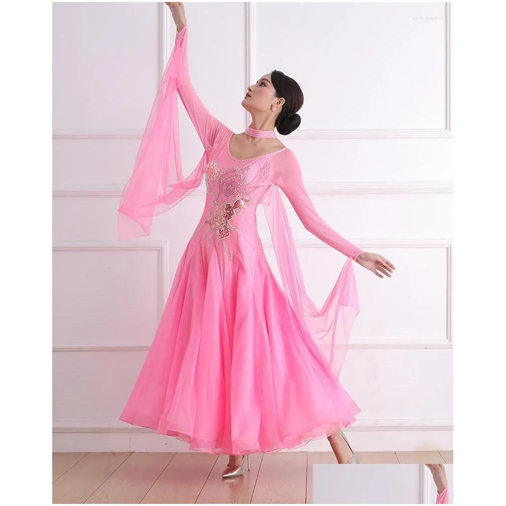 stage wear pink ballroom competition dance dresses adult high quality waltz skirt ladys standard dancing dress