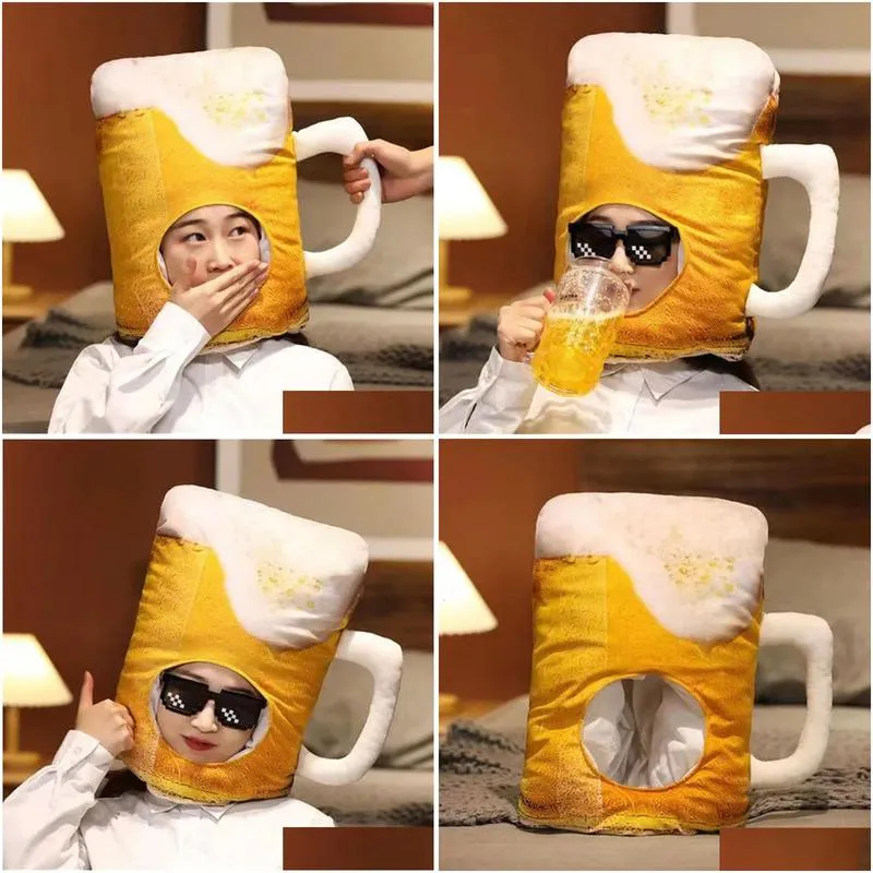 creative japanese funny cup yellow beer plush hat toy cartoon full headgear cap cosplay costume party po props 231220