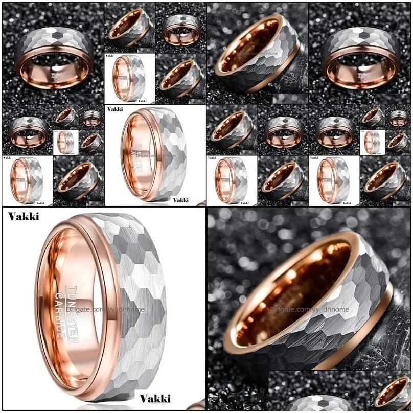 Wedding Rings Jewelry Vakki 8Mm Wide Tungsten Carbide Ring Side Step Rose Gold Plating Surface Hammered Steel Men Engagement Rings1 Drop