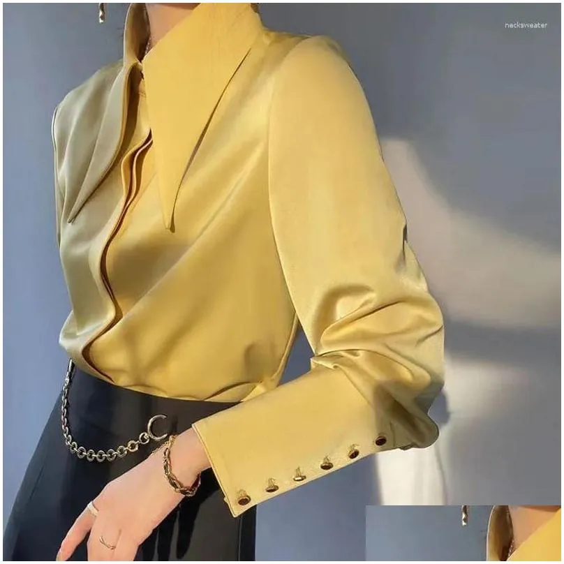 womens blouses fashion elegant satin polo large point collar long sleeve spring yellow drape button top casual commuter shirt