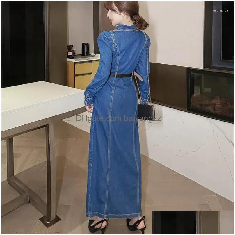 Basic Casual Dresses Fall Single-Breasted Waist Denim Long Dress Women Lapel Sleeve  Korean Elegant Ol Jean Robe Streetwear D Dhxrg