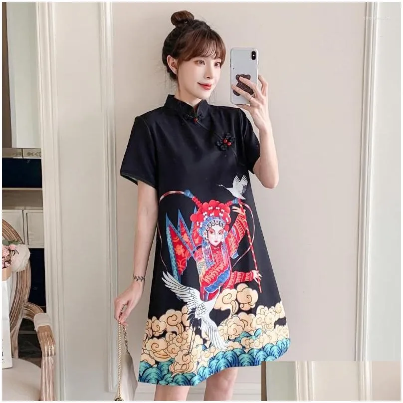 ethnic clothing fzslcyiyi traditional chinese peking opera print short sleeve fashion modern trend cheongsam dress for women qipao