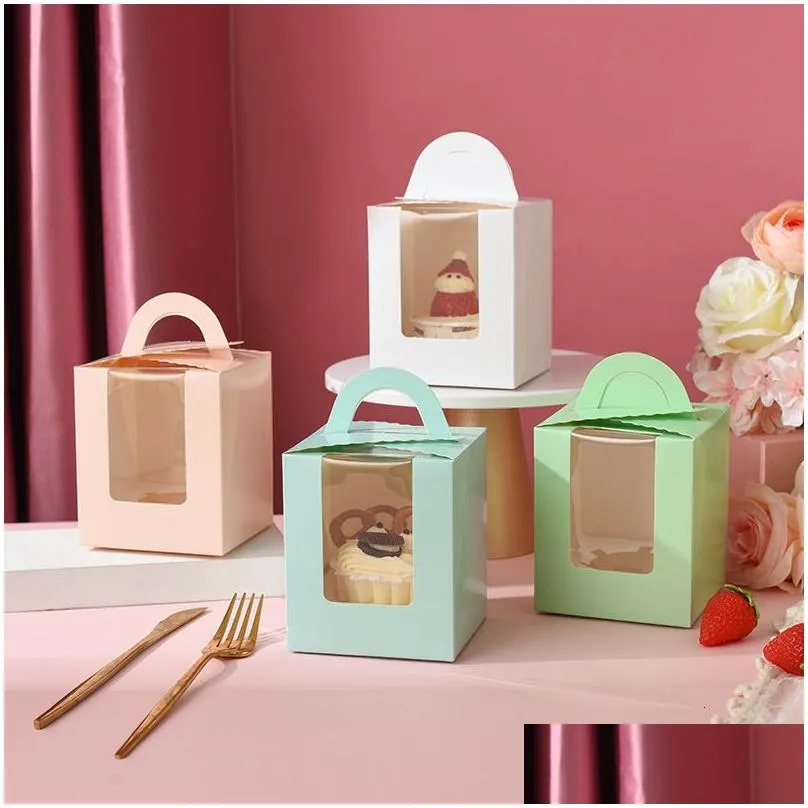 gift wrap 10pcs/set kraft paper boxes transparent window portable cupcake box for christmas wedding party supplied 230704
