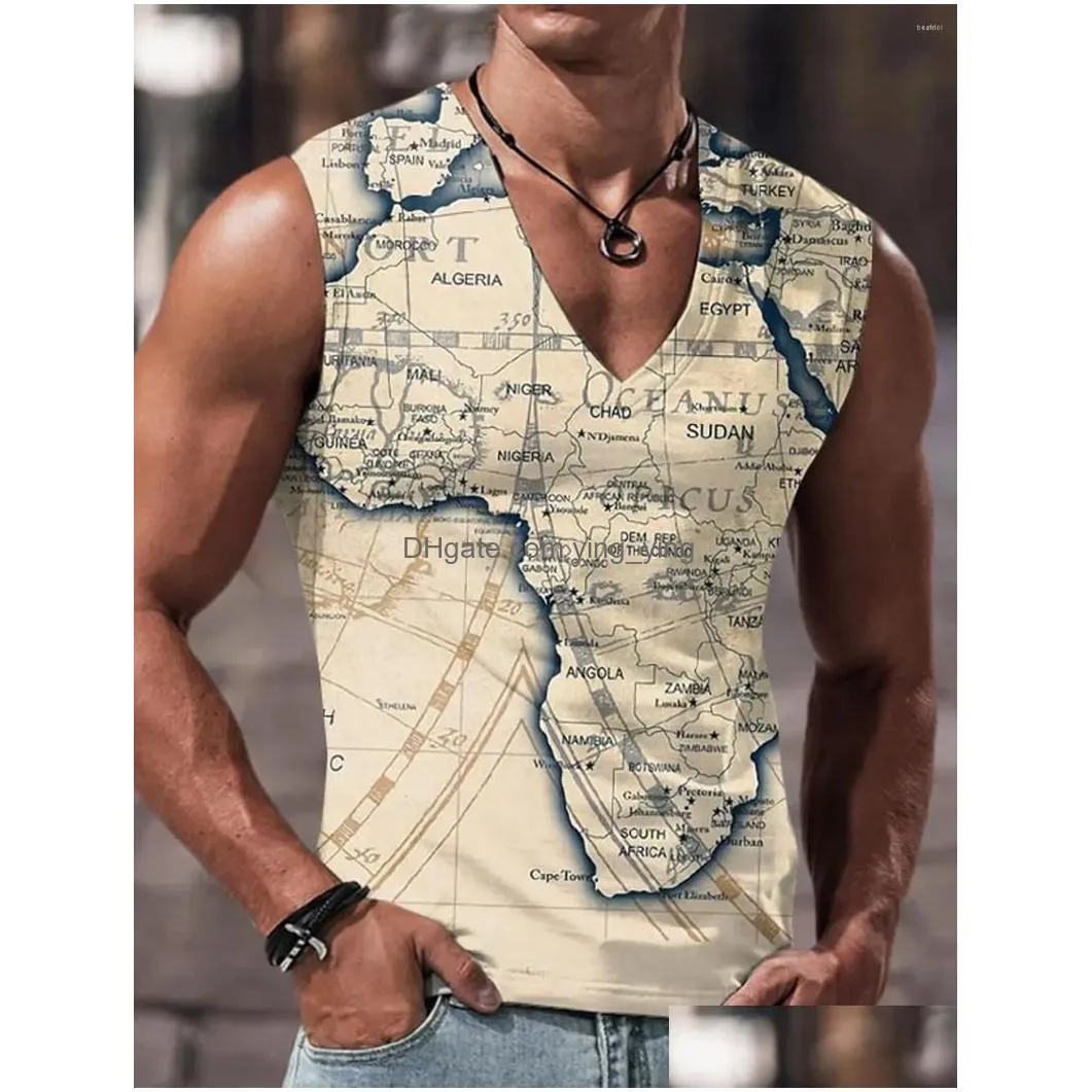 mens tank tops fashion summer map route 3d printed sleeveless vest t shirt sailor short sleeve oversized v neck pullover top