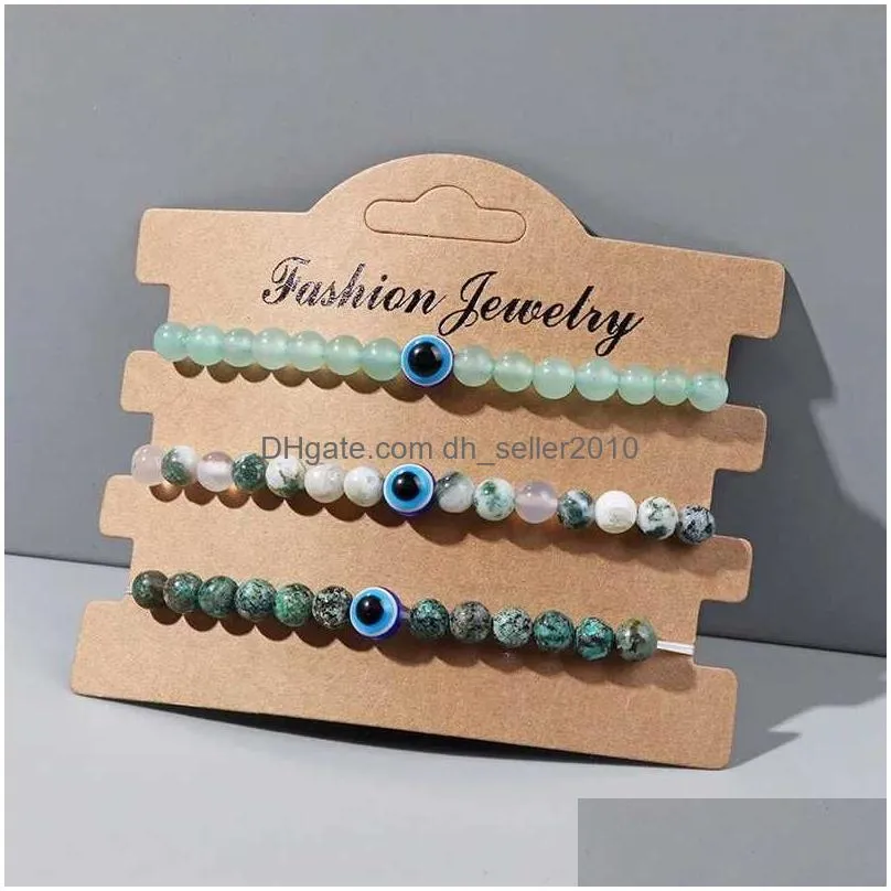 Beaded Cool Natural Stone Bead Bracelet 3Pcs/Set Evil Eye Elastic Rope Howlites Agate Womens Gift Drop Delivery Dhjvc