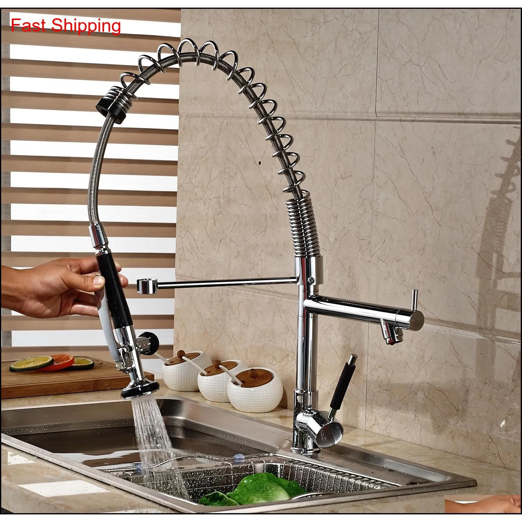 Chrome Solid Brass Kitchen Faucet Double Sprayer Vessel Sink Mixer Tap Deck M qyltnF packing20108049896