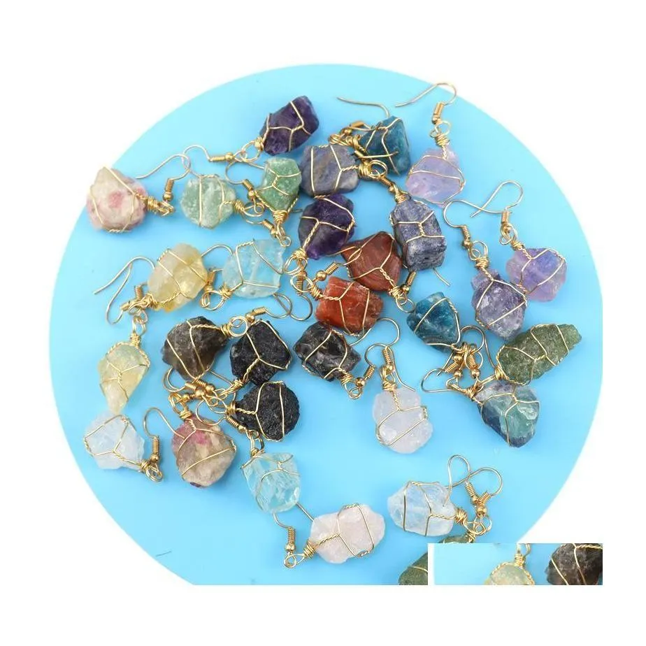 Dangle Chandelier Wire Wrapped Natural Crystal Rough Stone Irregar Ore Earrings Energy Healing Gemstone Amethyst Quartz Women Drop