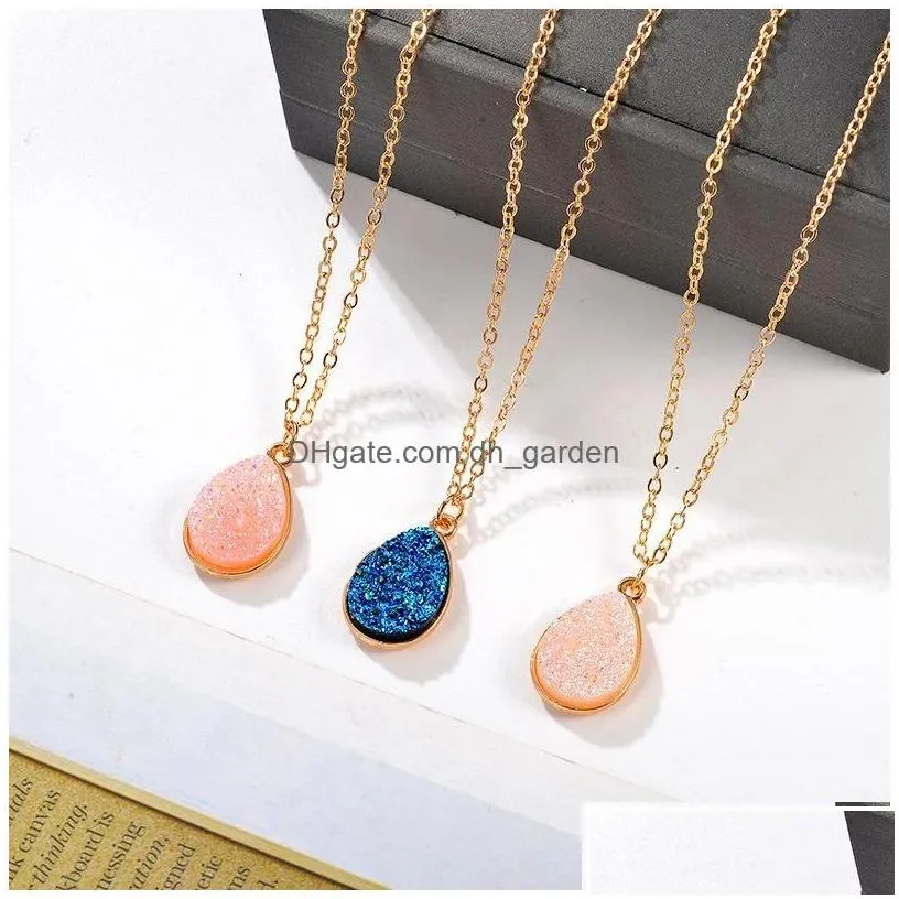 Pendant Necklaces High Quality Teardrop Resin Stone Crystal Druzy Pendant Necklace For Women Gold Plating White Pink Blue Fa Dhgarden