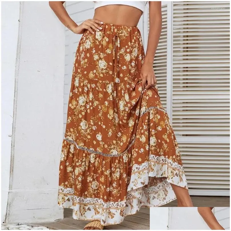 skirts vintage loose women casual holiday bohemian printed long skirt spring summer elastic waist maxi floral retro