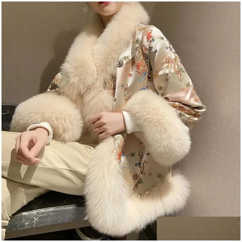 ethnic clothing female coat winter faux fur chinese style harajuku mid-length tang suit cloak women jacket warm elegant vintage 2023