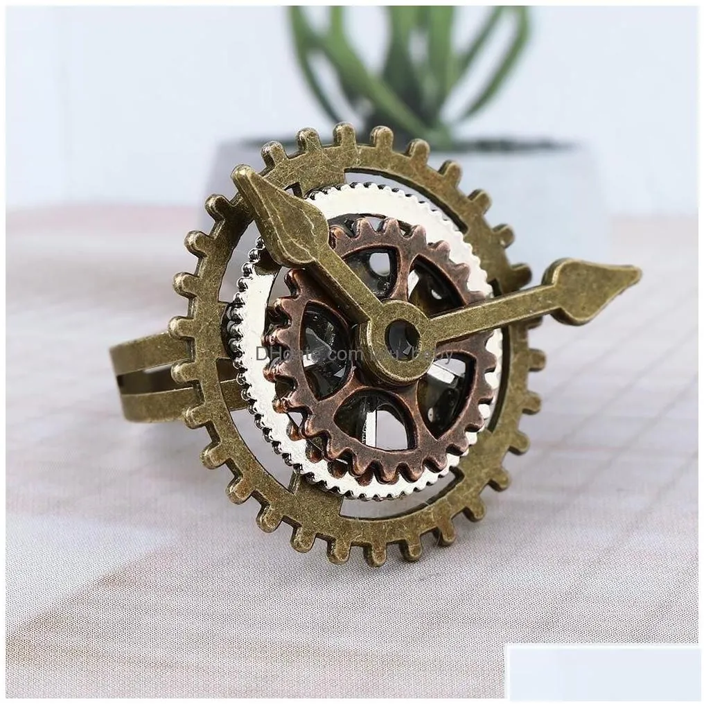 Cluster Rings 1Pcs Punk Retro Charm Steampunk Gear Fingering Vintage Watch Clock Copper Fashion Party Jewelry For Women Men Drop Del
