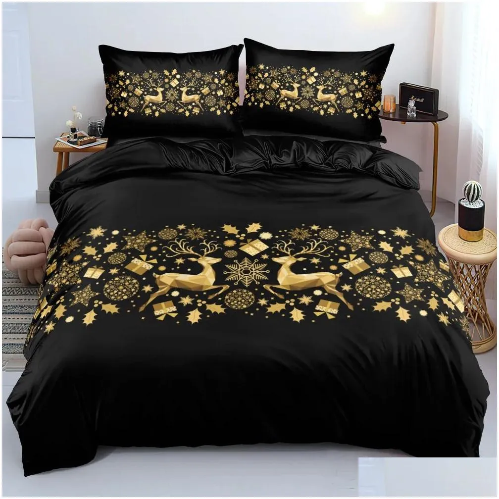 Bedding Sets Luxury Black Gold Christmas Tree 3Pcs Queen King Fl Size Duvet Er Linen Set Bedspread For A Child 200X200 240X220 Drop Dhyns