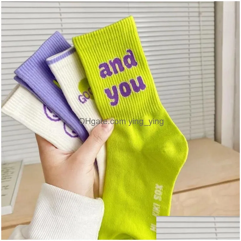women socks korean style color letter fashion sports for girls breathable middle tube casual female crew funny