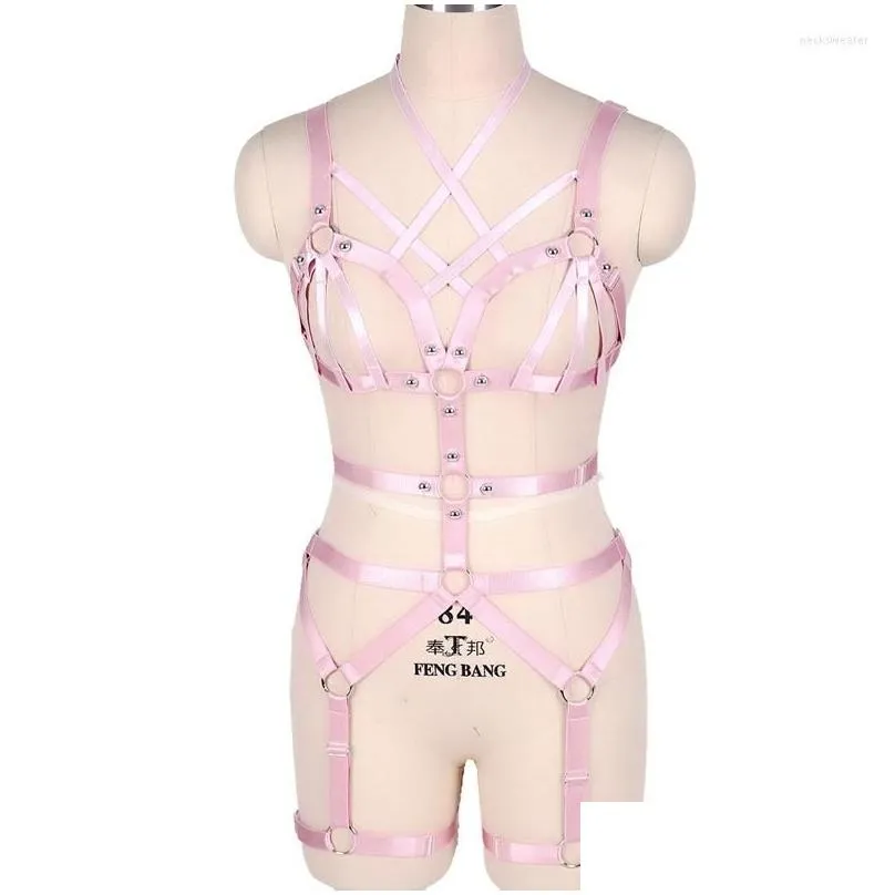 bras sets women erotic lingerie pole dance dress sexy full body bondage harness set cage bra punk gothic leg stockings garter belt