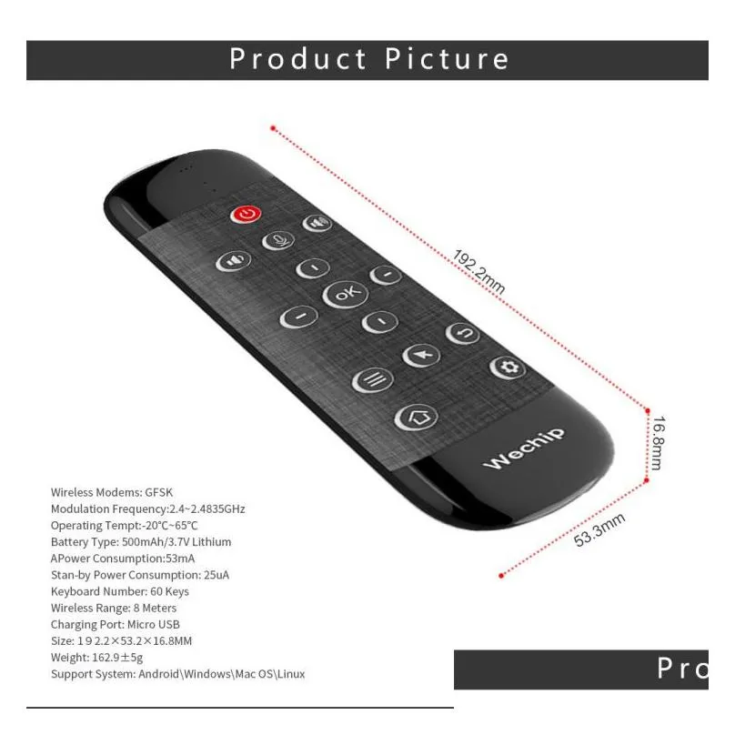 Wechip W2 Pro Air Mouse Voice Remote Control Microphone W1/W2/R2 2.4G Wireless Mini Keyboard Gyroscope for Android TVBox Mini PC