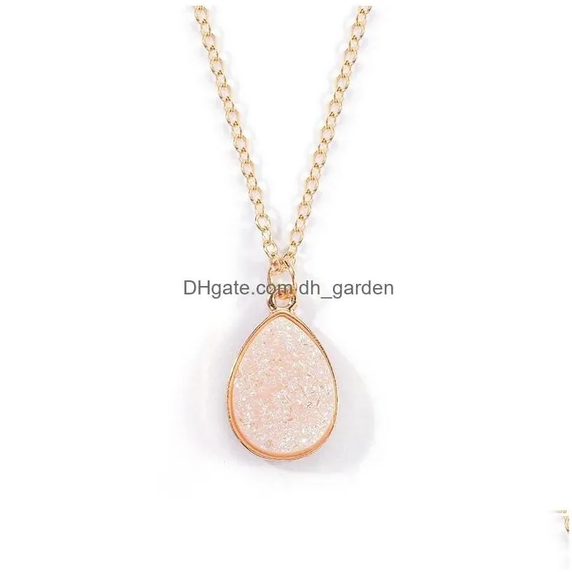 Pendant Necklaces High Quality Teardrop Resin Stone Crystal Druzy Pendant Necklace For Women Gold Plating White Pink Blue Fa Dhgarden
