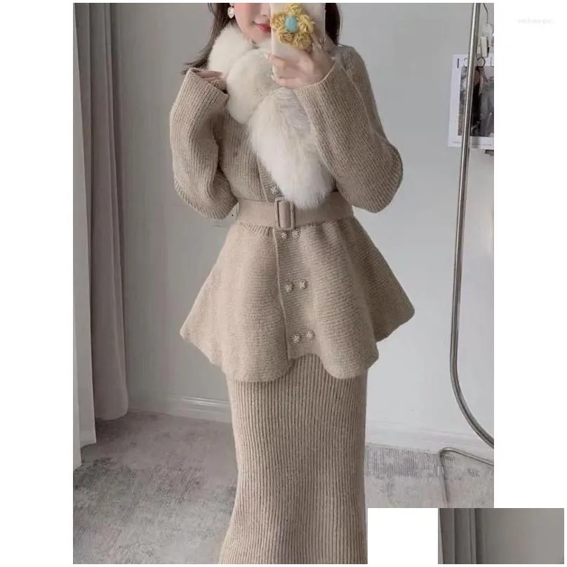 work dresses elegant 2 pieces set women 2023 autumn winter knitted cardigan sweater bodycon office lady skirts suit clothing s112