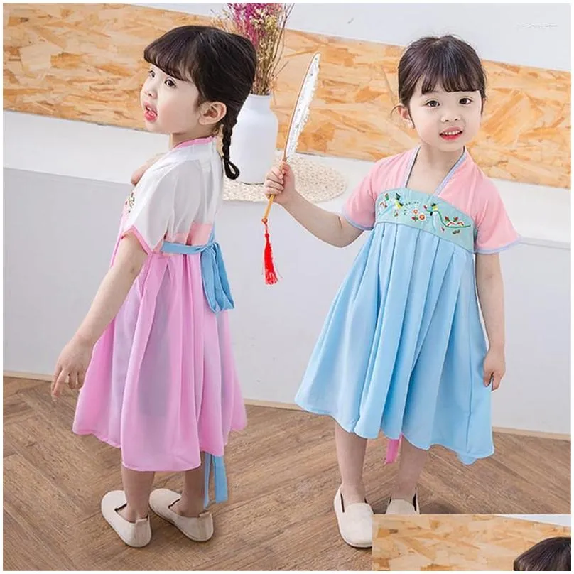 ethnic clothing dress retro chinese style hanfu girl cute short-sleeved children improved cheongsam qipao 2023 pink blue