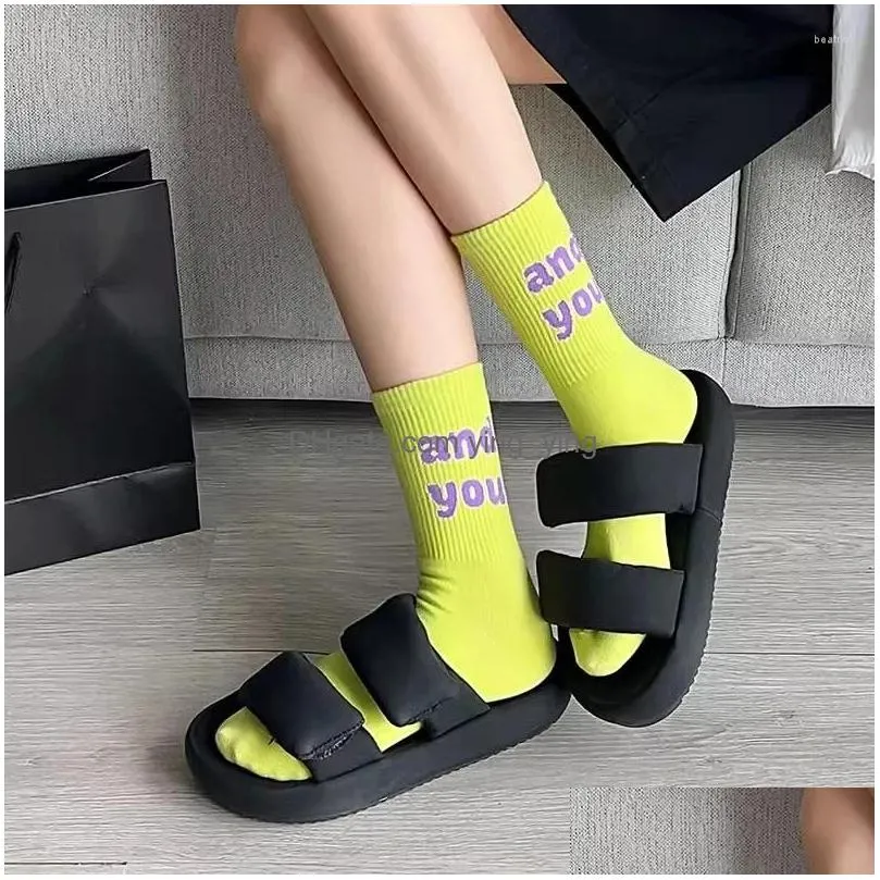 women socks korean style color letter fashion sports for girls breathable middle tube casual female crew funny