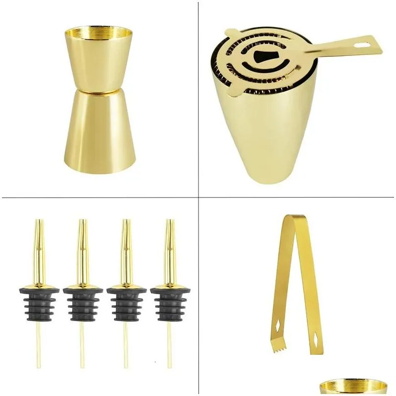 bar tools 1-12pcs gold boston cocktail shaker bar shakers set bartenders barware tools wine pourer jigger accessories with bamboo stand