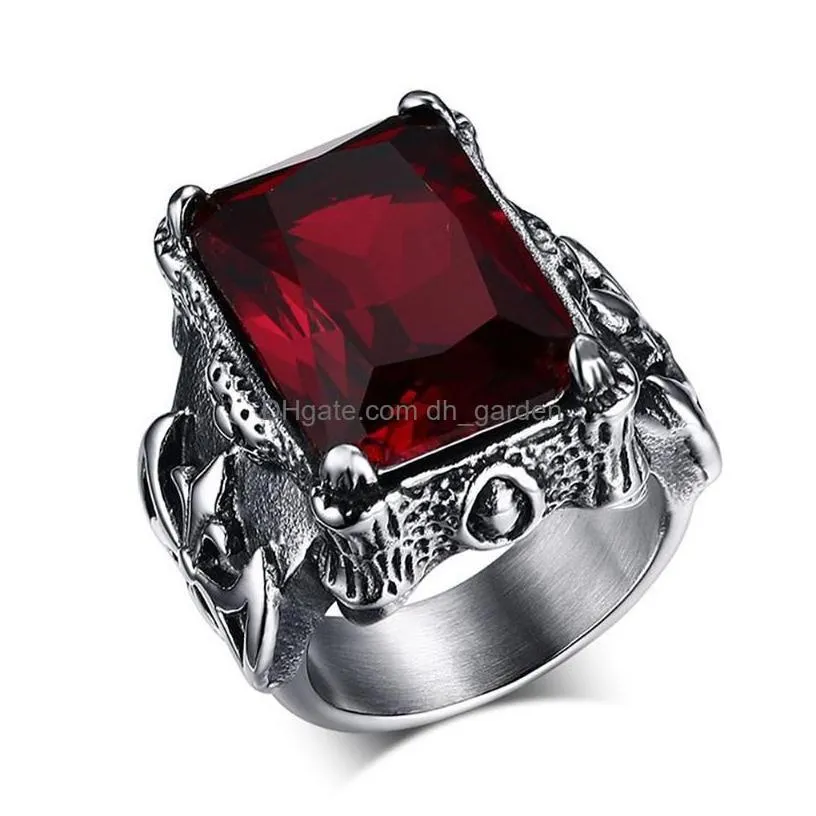 Cluster Rings Gothic Vintage Ruby Gemstones Red Zircon Diamonds For Men Titanium Stainless Steel Jewelry Bijoux Bague Punk Fashion D