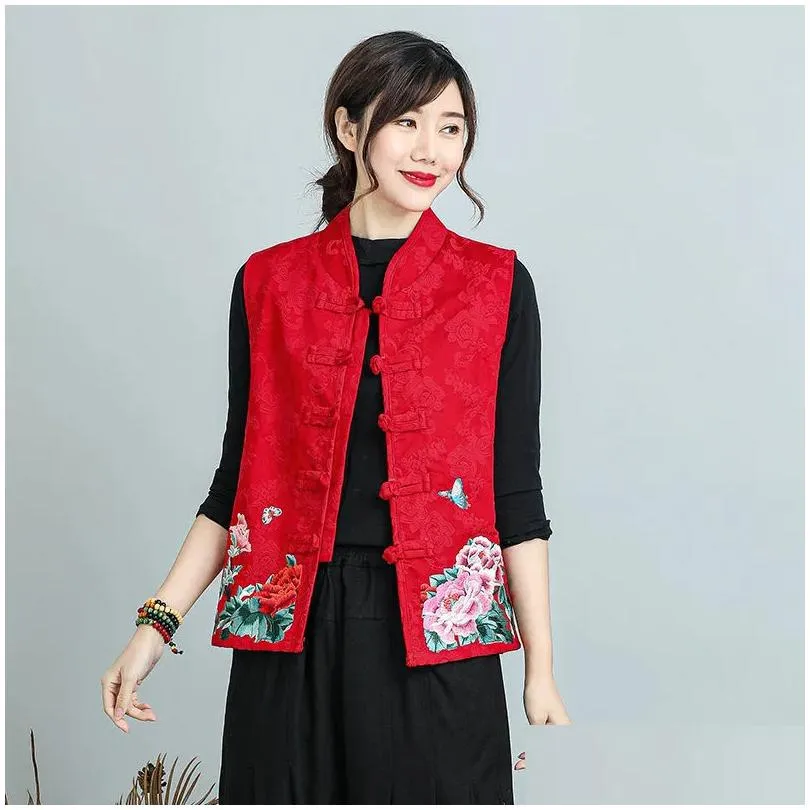 ethnic clothing chinese traditional hanfu clothes tang suit vest women embroidery flower sleeveless cotton linen coat top p1