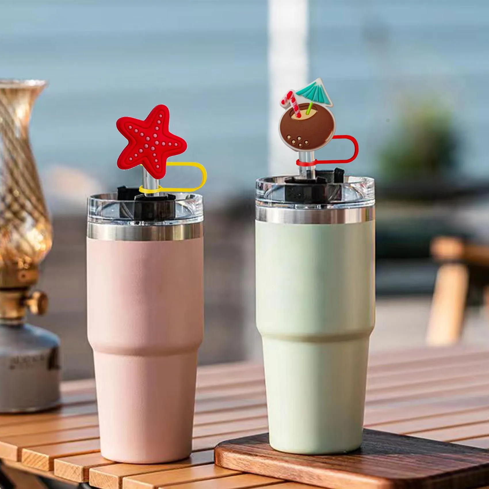 summer seaside straw cover for  cups dust-proof caps 40 oz water bottles reusable cute silicone tips lids protectors 8mm cap cup 30
