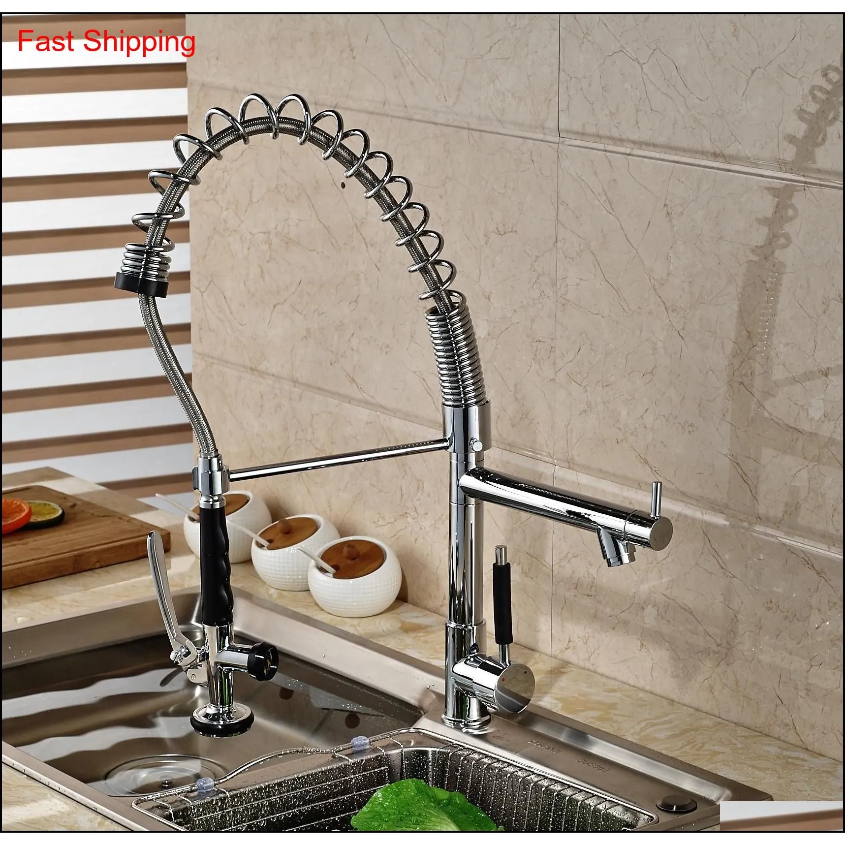 Chrome Solid Brass Kitchen Faucet Double Sprayer Vessel Sink Mixer Tap Deck M qyltnF packing20108049896