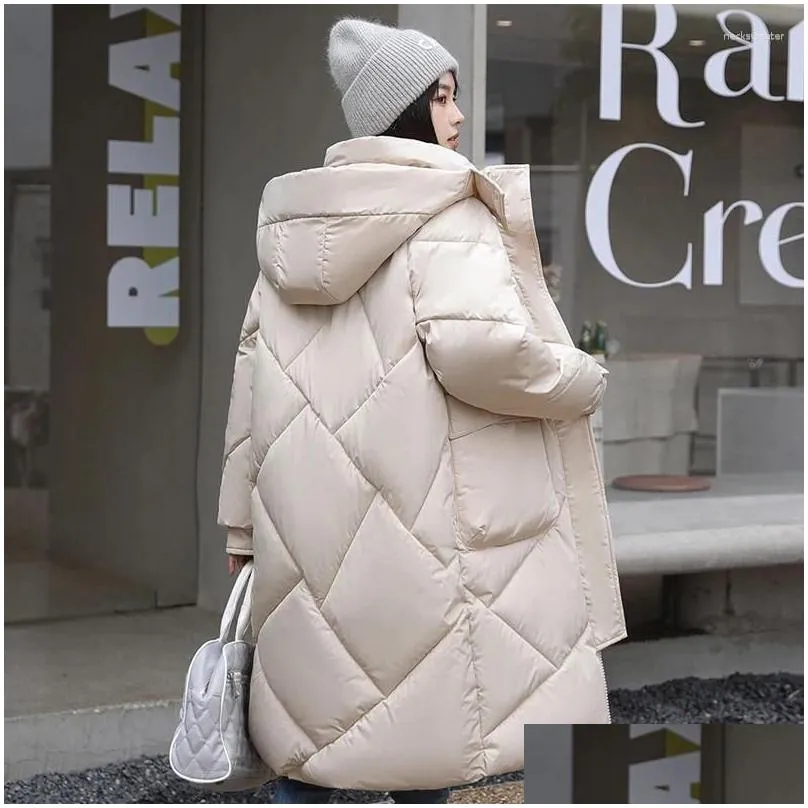 womens trench coats solid color big pocket hooded jackets casual medium long parka autumn winter rhombic lattice loose coat