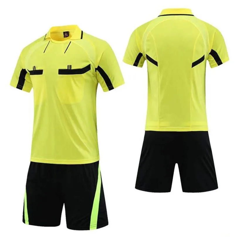 Mens Tracksuits Professional Soccer Referee Uniform Men Turn Down Collar Football Clothes Short Sleeve Judge Shirt Three Pockets Sho Dhjv6