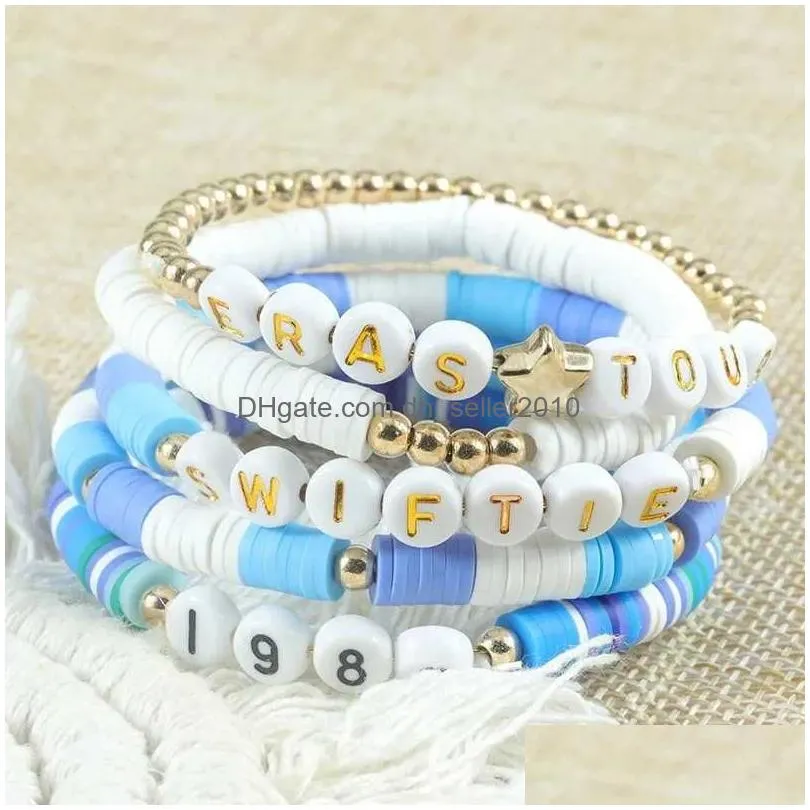 Beaded Meetvii 5-Piece/Set Taylor Fan Bracelet Set Personalized Mti Layered Colorf Letter Beads Elastic Handpiece Drop Delivery Dh0Fq