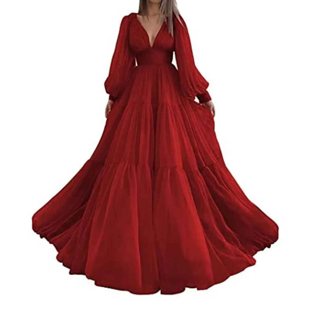 Long Puffy Sleeve Prom Dress Tulle Ball Gown for Women Wedding Dresses V Neck Formal Evening Gowns