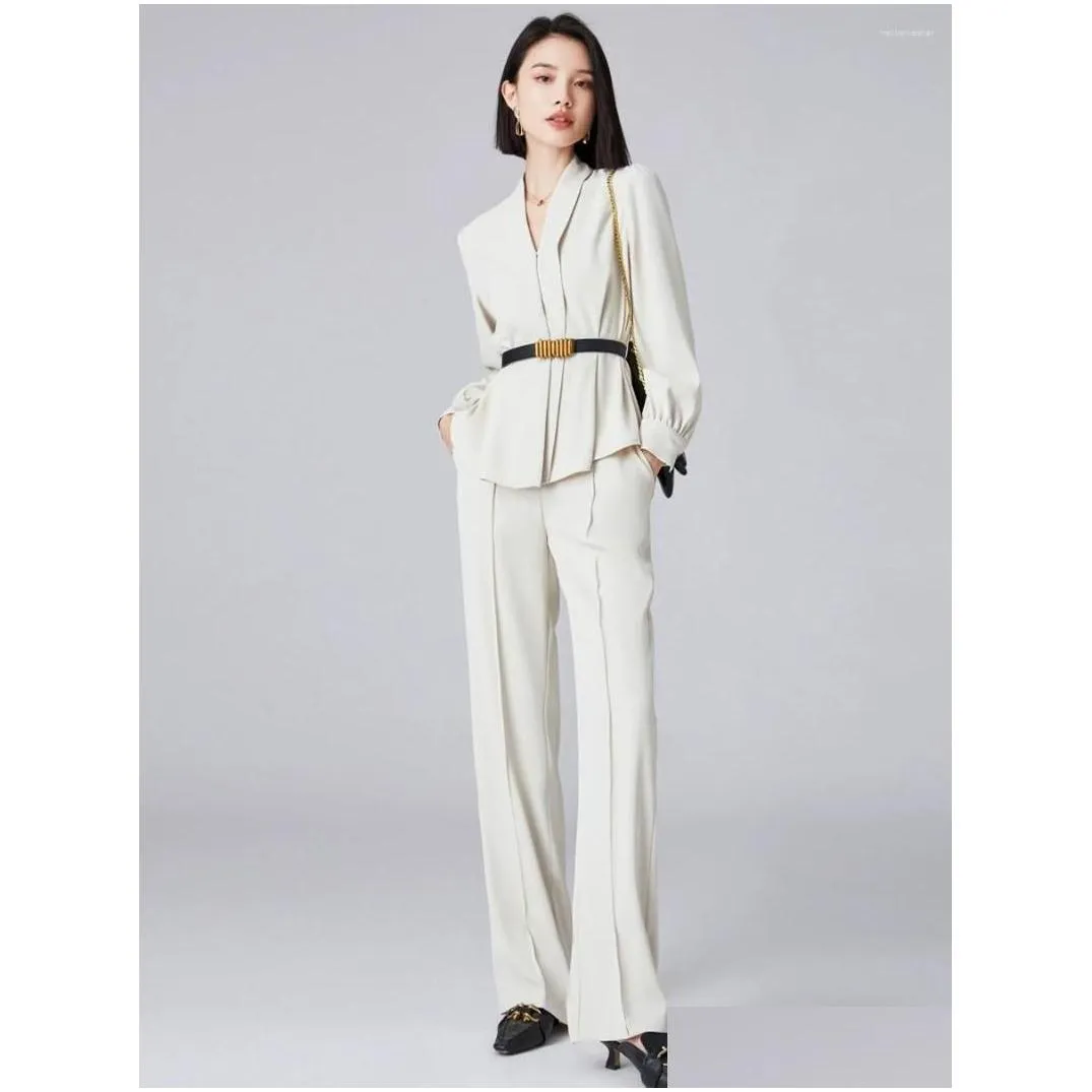 Womens Two Piece Pants Elegant Long Sleeve Top Wide Leg Suit Autumn Waist Slimming Business Two-Piece Set Drop Delivery Apparel Clot Dhdvo