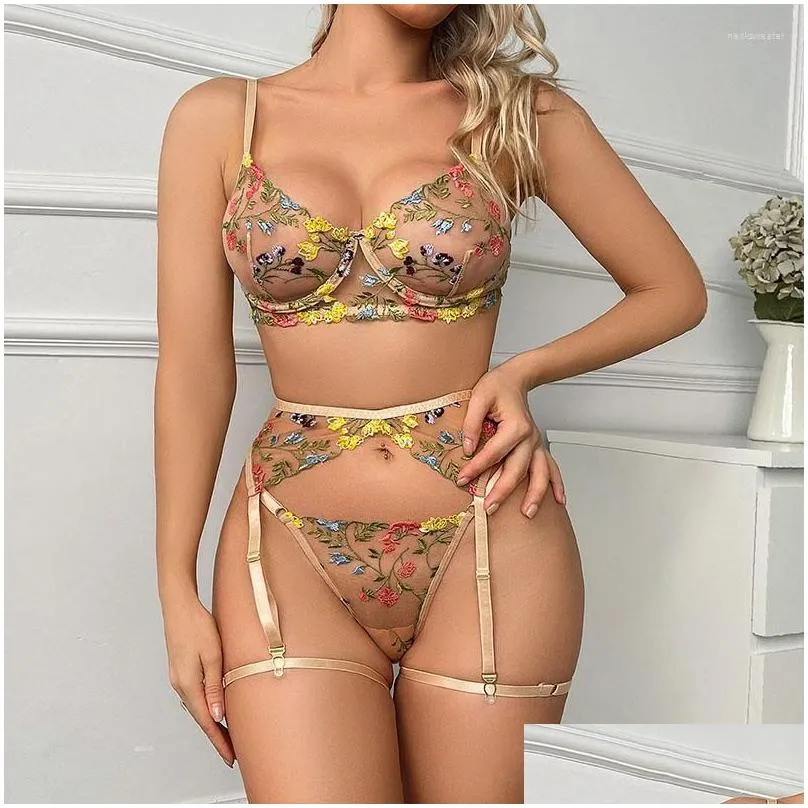 bras sets sexy bra and thong perspective pastoral floral garter with leg ring three-piece lingerie set rims embroidery 2023