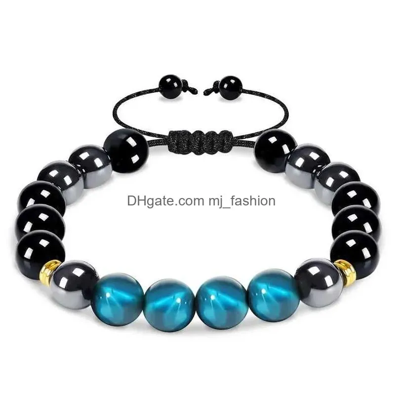 Beaded Triple Protection Bracelet 8Mm Bead Tigers Eye Black Obsidian Hematite Mens And Womens Treatment Crystal Drop Delivery Dhxay