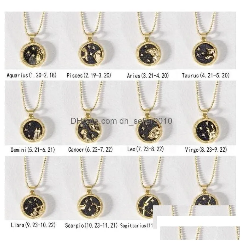 Pendant Necklaces 12 Constellation For Women Men Gold Chain Zodiac Sign Round Necklace Black And White Couple Jewelry Birthday Gift