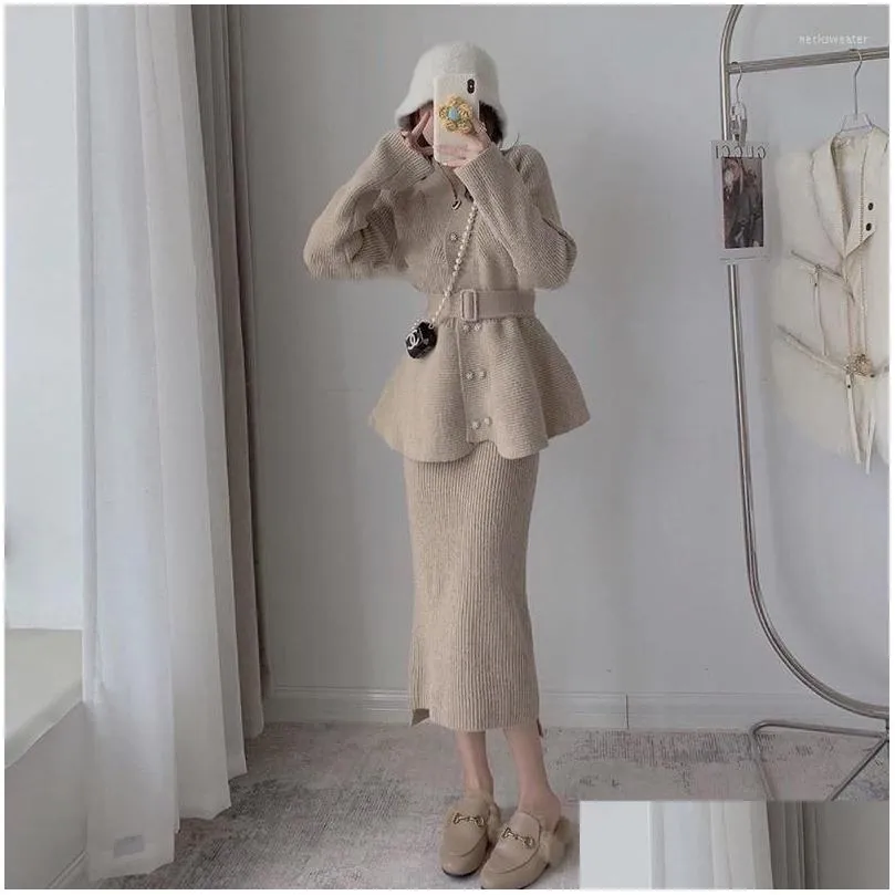 work dresses elegant 2 pieces set women 2023 autumn winter knitted cardigan sweater bodycon office lady skirts suit clothing s112