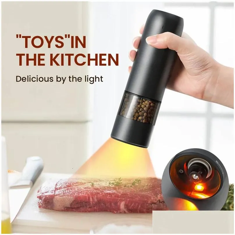 2pc automatic pepper grinder usb electric rechargeable salt spices grinder mill with led light stainless steel seasoning bottle 240304