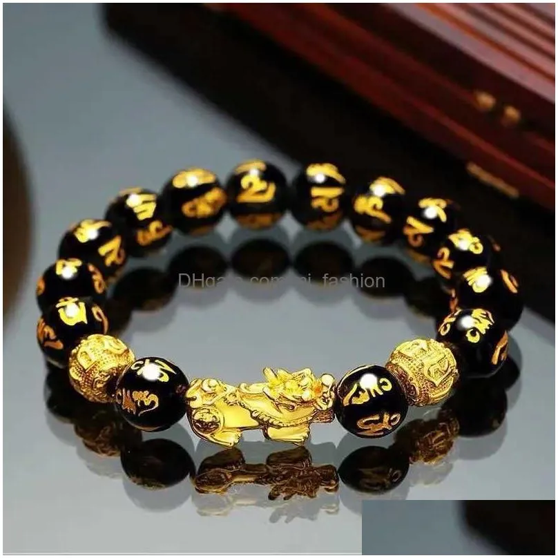 Beaded Feng Shui Obsidian Bead Bracelet With Gold Black Pixiu Wealth Auspicious Womens For Uni Drop Delivery Dhwd6