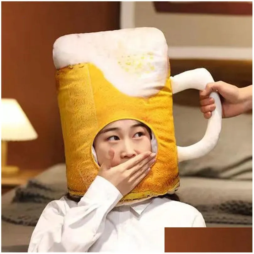 creative japanese funny cup yellow beer plush hat toy cartoon full headgear cap cosplay costume party po props 231220