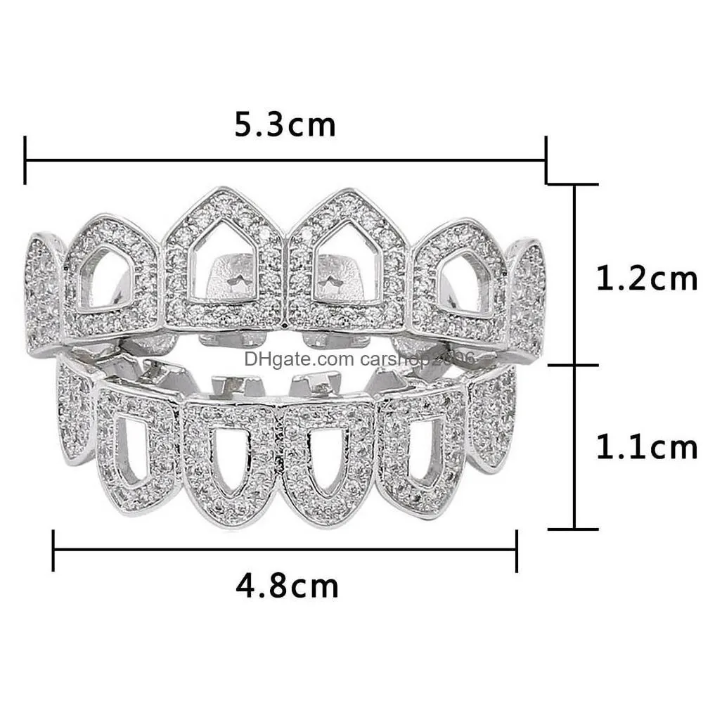 Grillz Dental Grills 18K Gold Hip Hop Fl Diamond Hollow Teeth Grillz Iced Out Fang Braces Tooth Cap Vampire Cosplay Rapper Jewelry