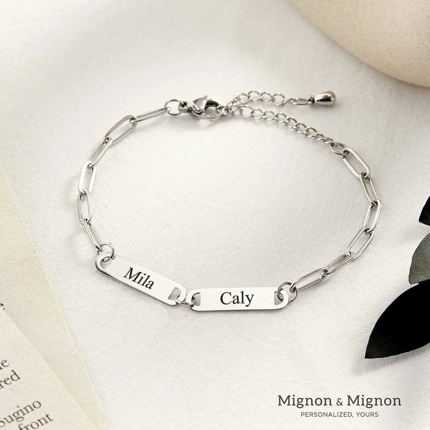 ets MignonandMignon Multiple Name Charm Bracelet for Friendship Mothers Day Gift Couples Names Custom Engraved Personalized -P-1BR-W