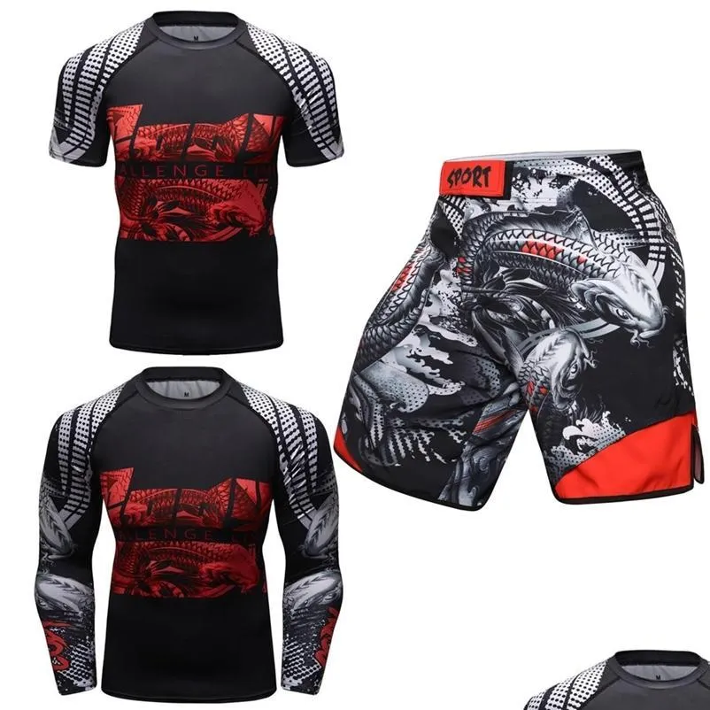 Mens Tracksuits Rashguard Jiu Jitsu T Shirt Mma Shorts Sets Muay Thai Rash Guard Gym Tracksuit Bjj Kickboxing Sport Suit Clothing 22 Dhwn9