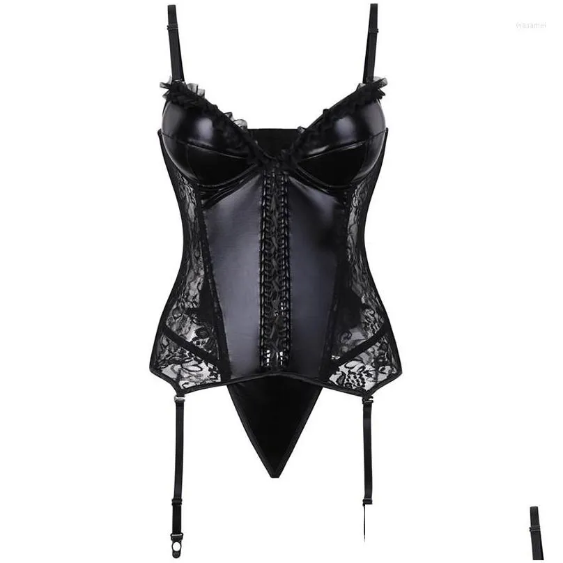 Bustiers Corsets Gothic Black Faux Leather Corset Top Cup Bra Floral Lace Women Sexy Bustier Plus Size Overbust Steampunk Corselet Dhhvi